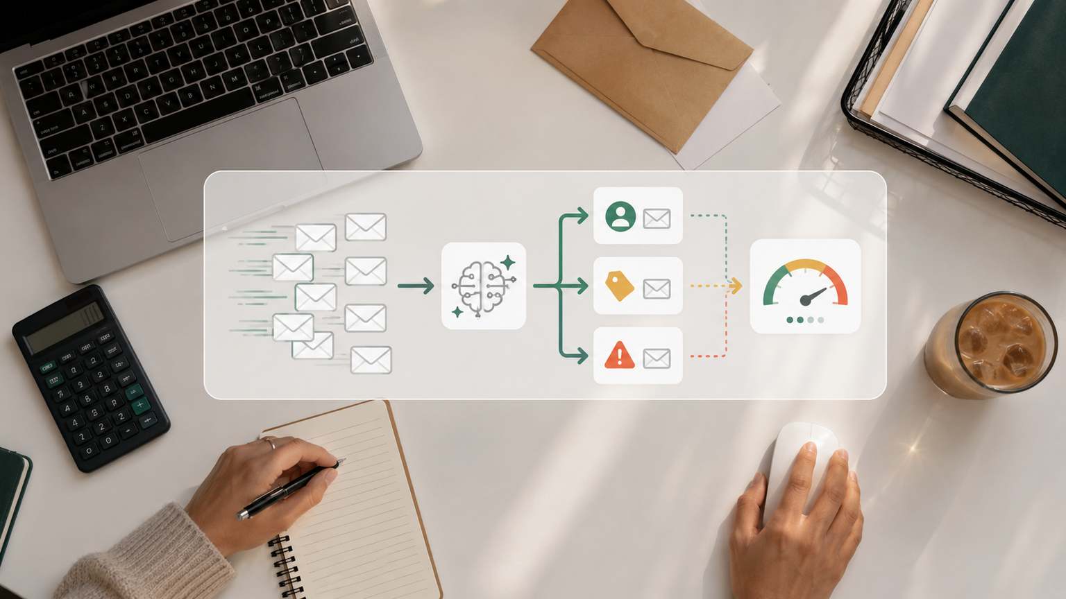 Overhead desk with incoming emails passing through an AI classifier into customer, operations, and urgent routes