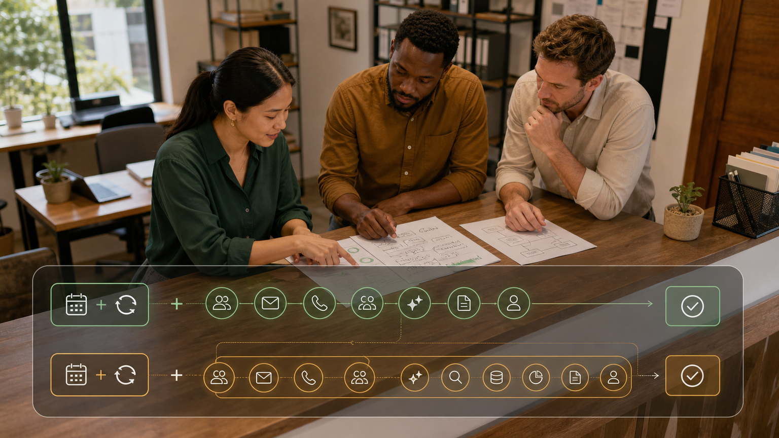 Three small-business operators comparing an integrated sales platform with separate tools, credit costs, and review time