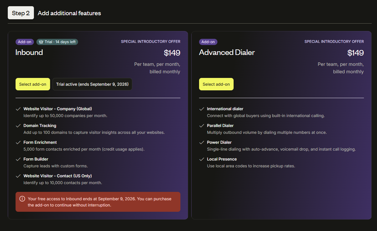 Apollo checkout showing Inbound and Advanced Dialer add-ons at 149 dollars per team per month
