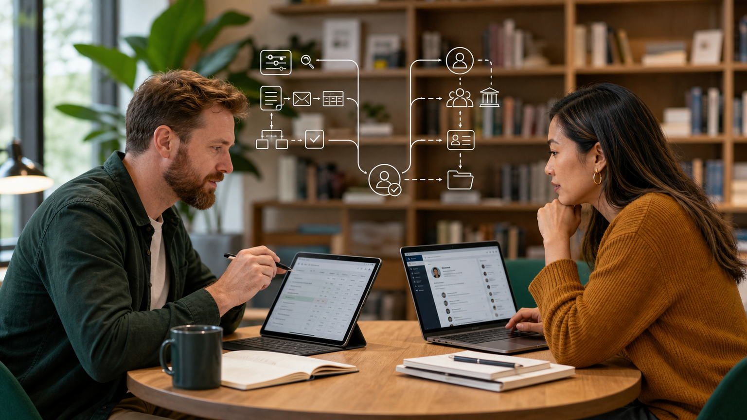Two small-business advisers comparing structured prospect data with professional-profile and relationship research before choosing a tool