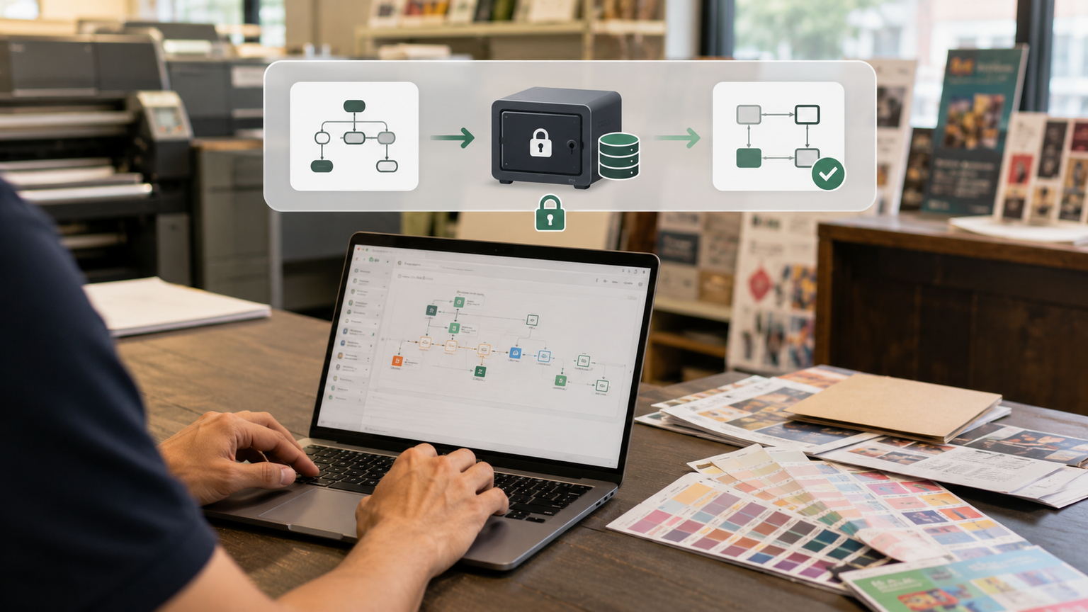 Print shop operator backing up a workflow and database to secure storage, then restoring them to a healthy system