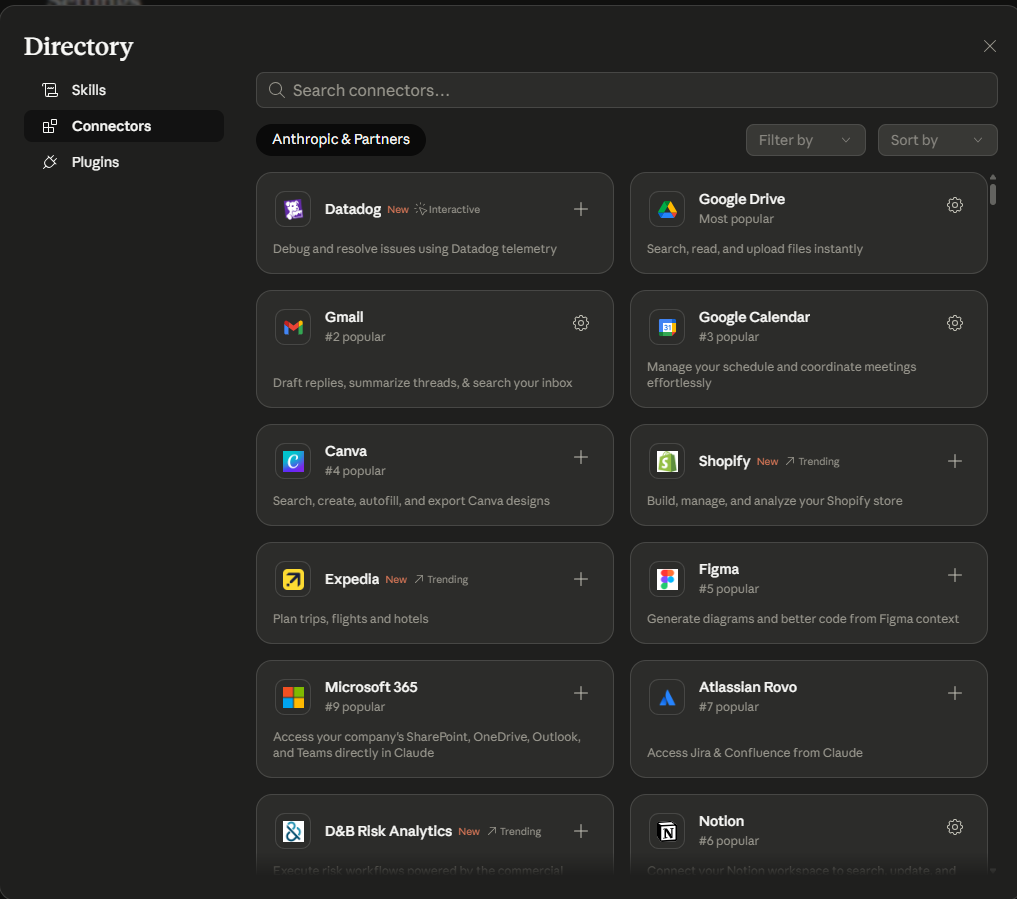 Claude connectors directory showing Gmail Google Drive Google Calendar Notion and other connectors