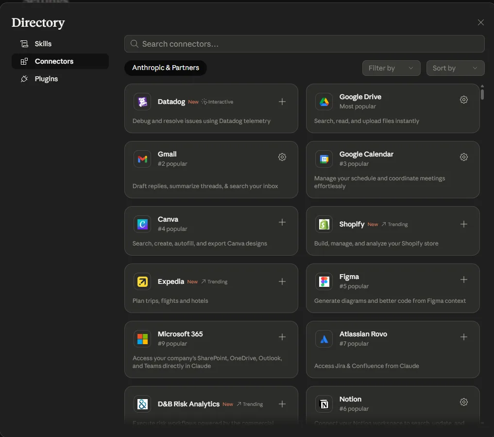 Claude connectors directory showing Gmail Google Drive Google Calendar Notion and other connectors