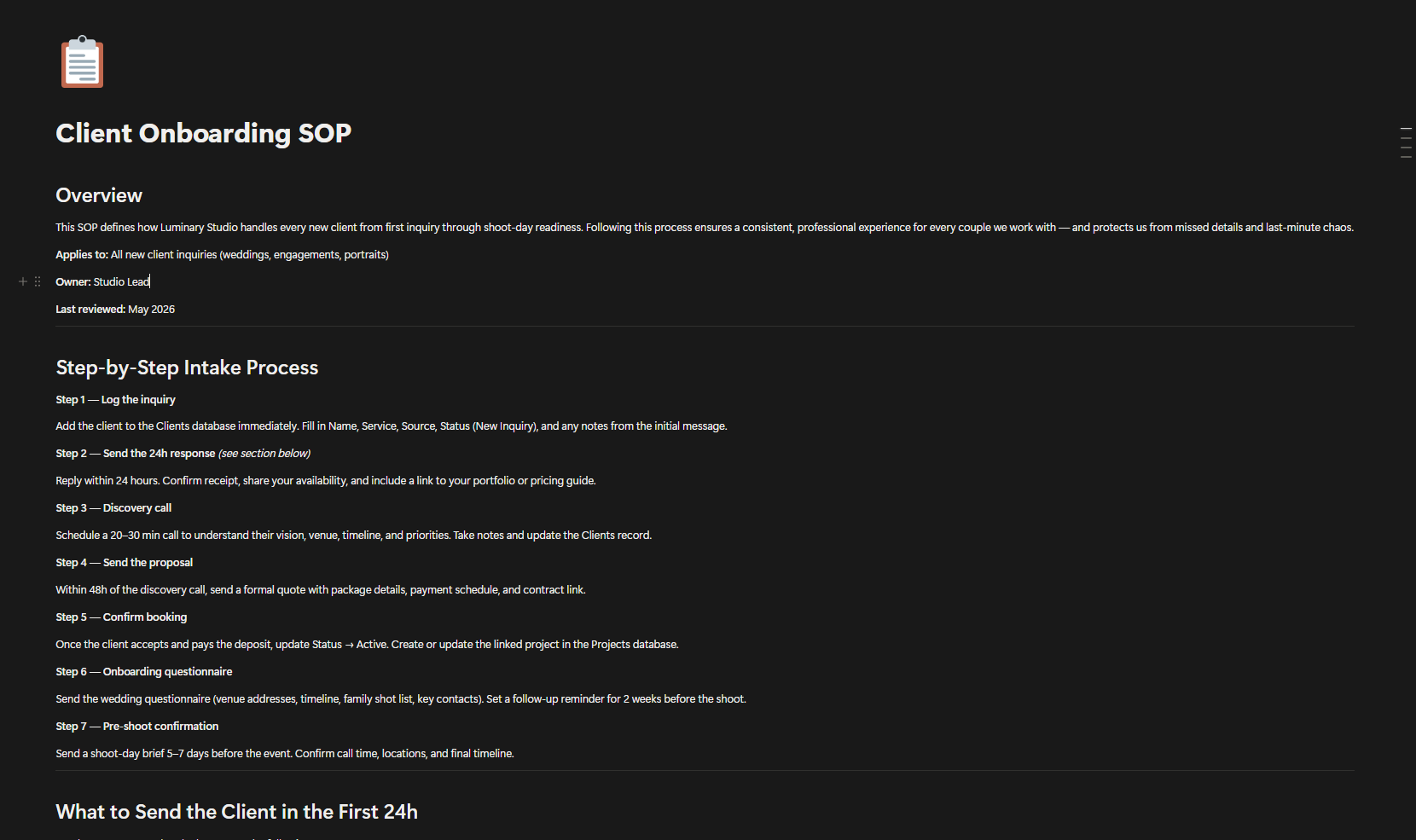 Notion Client Onboarding SOP page with overview step by step intake process and first 24 hour response guidance