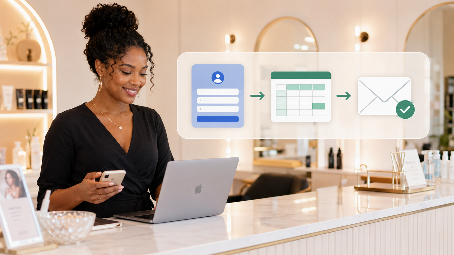 Salon owner reviewing a Facebook lead workflow that adds a Google Sheets row and sends an email notification
