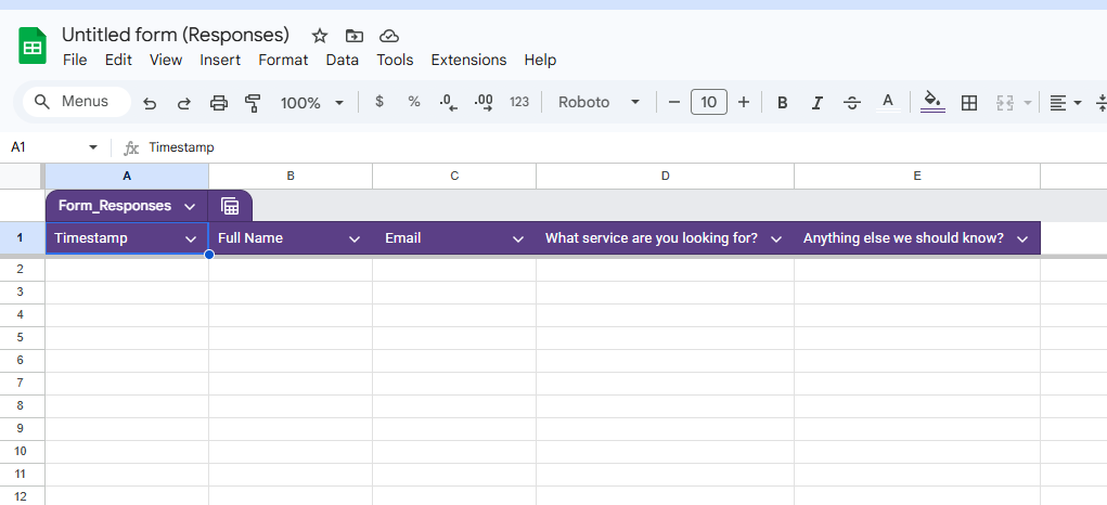 Google Sheet created from a Google Form with inquiry response columns