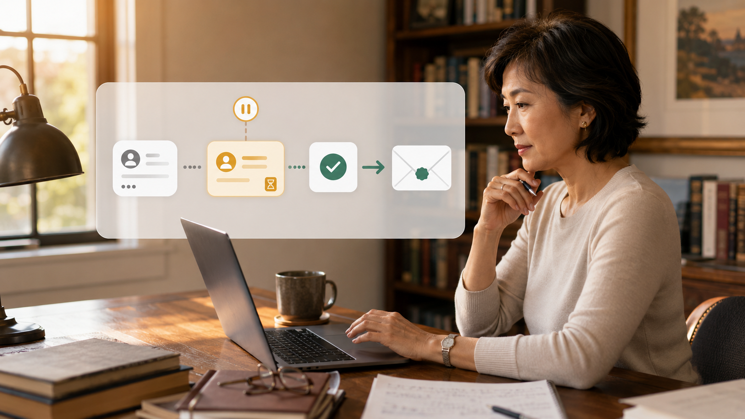 Small business owner reviewing a paused AI email draft before approval and delivery