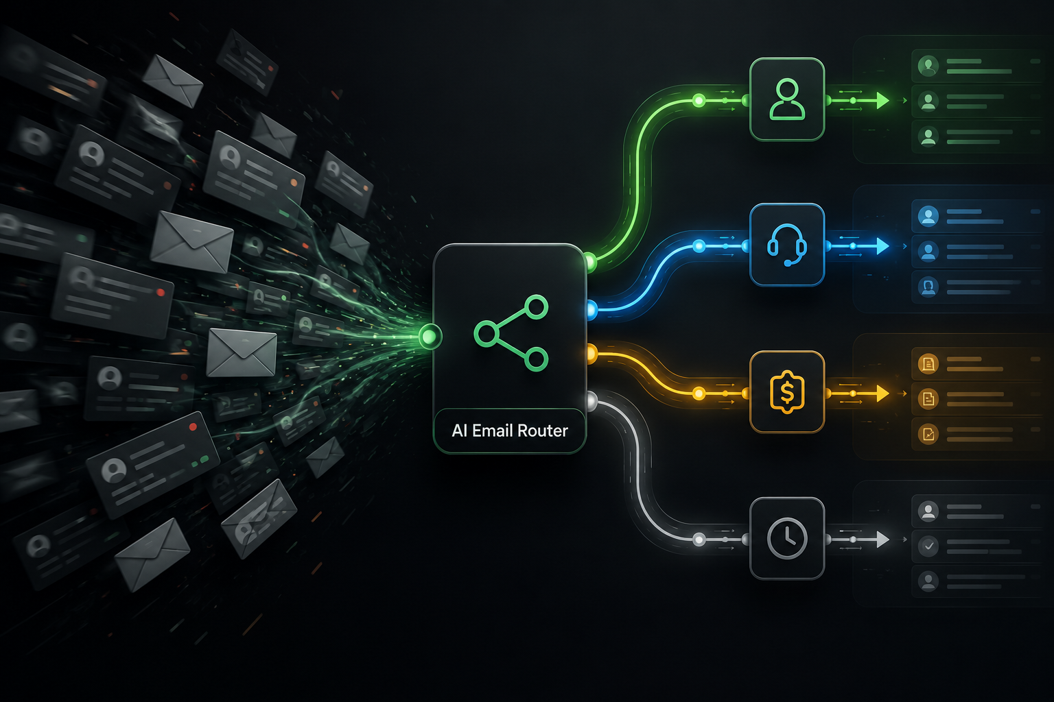AI email router cover showing incoming email routed into several team paths