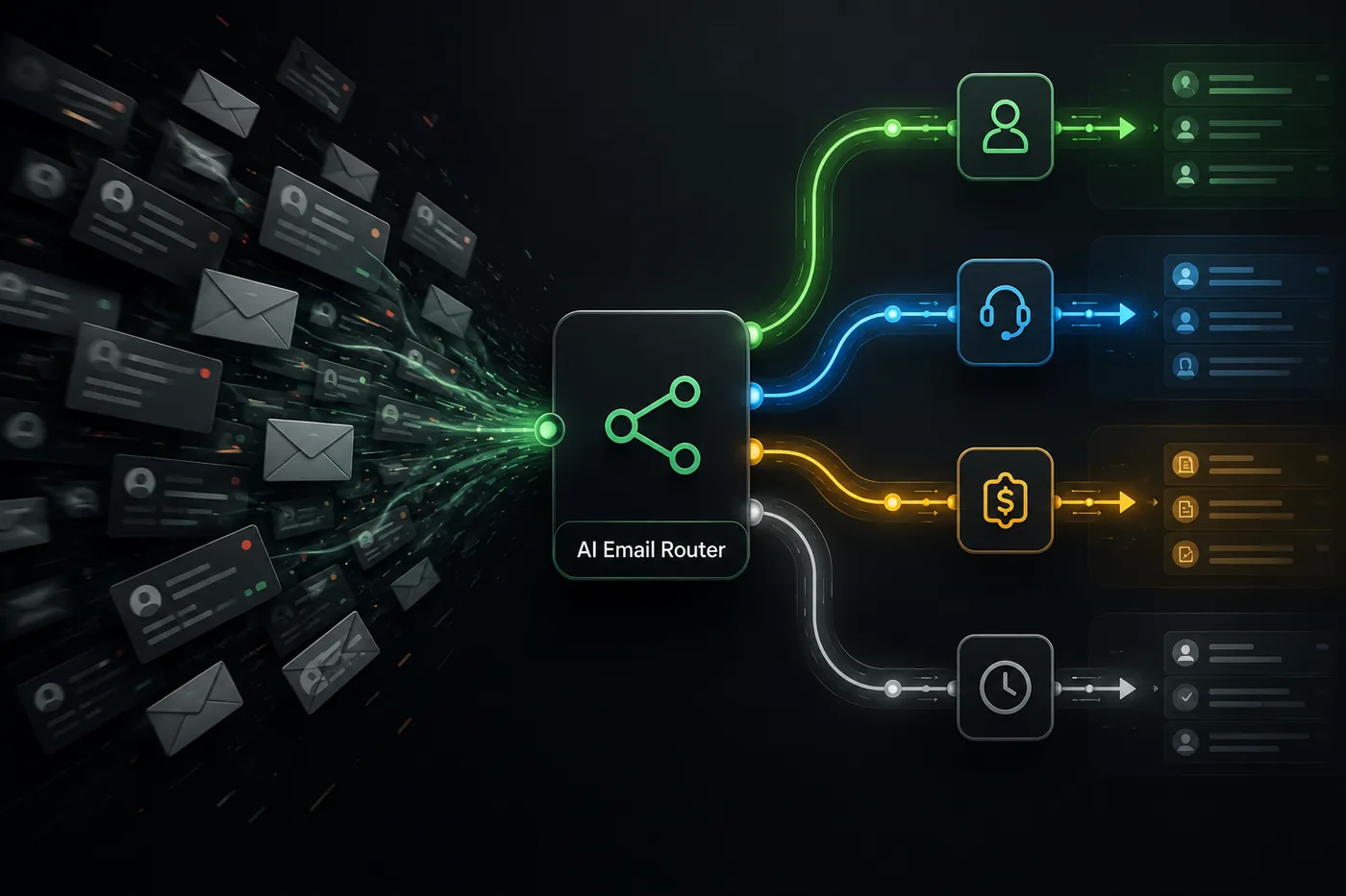 AI email router cover showing incoming email routed into several team paths