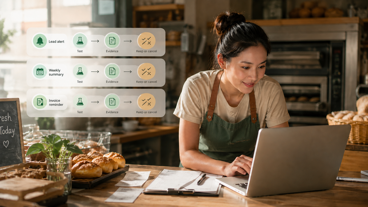 A bakery owner testing a lead alert, weekly summary, and invoice reminder before deciding whether to keep n8n Cloud