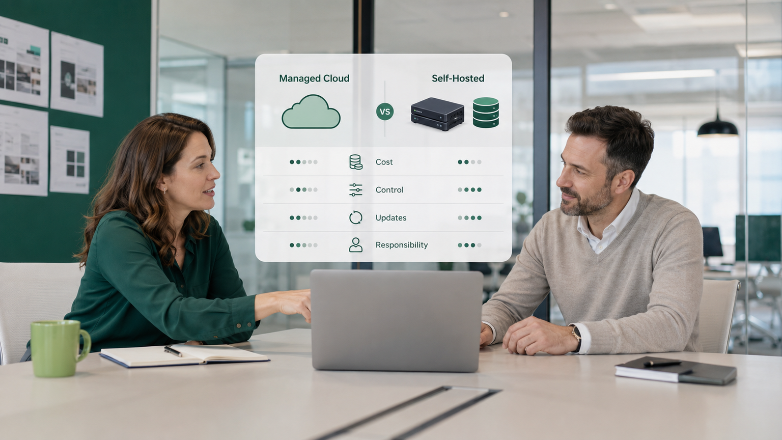 Two small-team partners comparing managed n8n Cloud with a self-hosted server across cost, control, updates, and responsibility