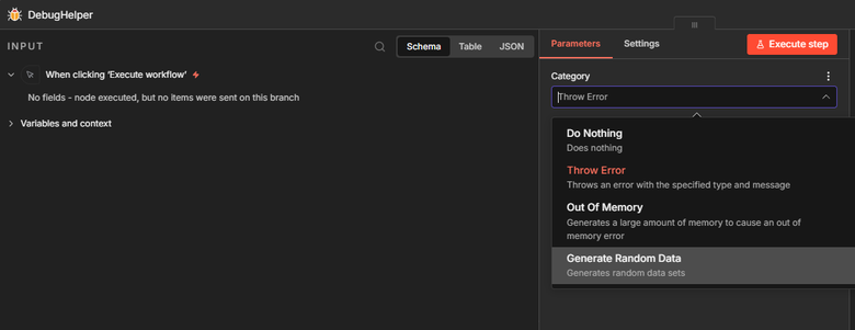 n8n Debug Helper node settings showing the category options: Do Nothing, Throw Error, Out Of Memory, Generate Random Data
