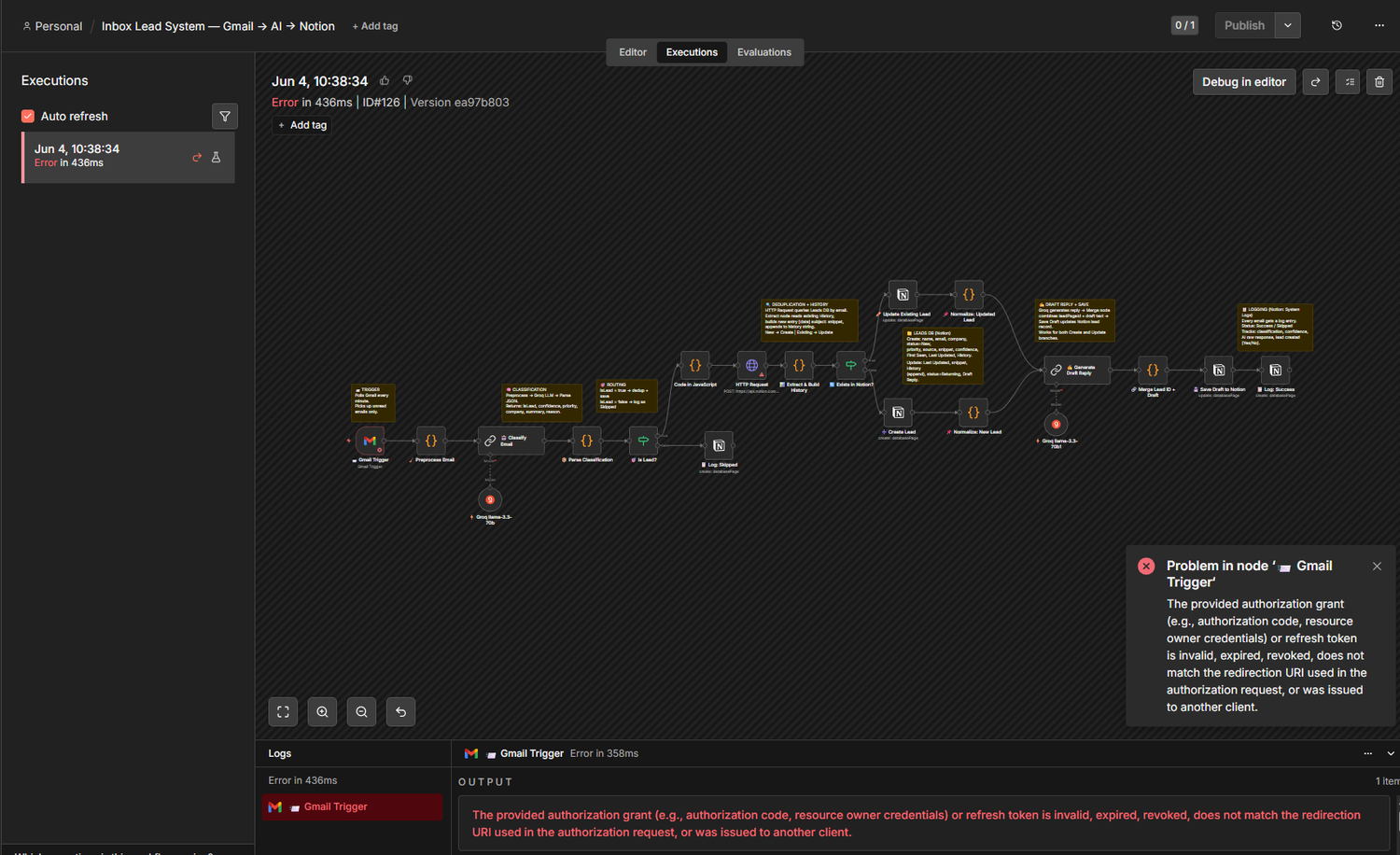 n8n Executions tab showing a failed execution with the error details panel and the Debug in editor button in the top right corner