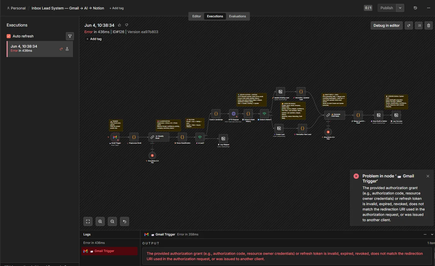 n8n Executions tab showing a failed execution with the error details panel and the Debug in editor button in the top right corner
