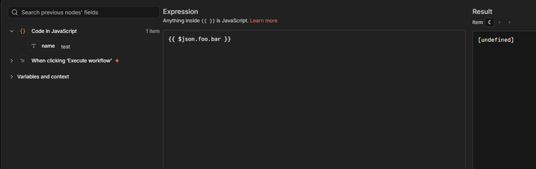 n8n expression editor showing undefined result for a field path that does not exist in the input data