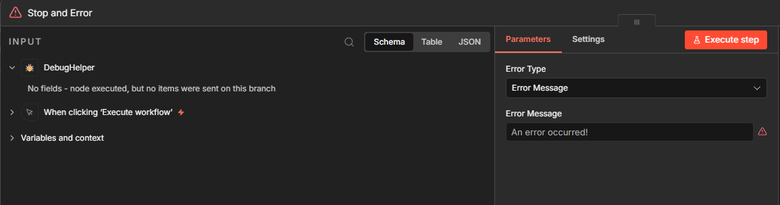 n8n Stop and Error node configured with Error Message type and a custom error message