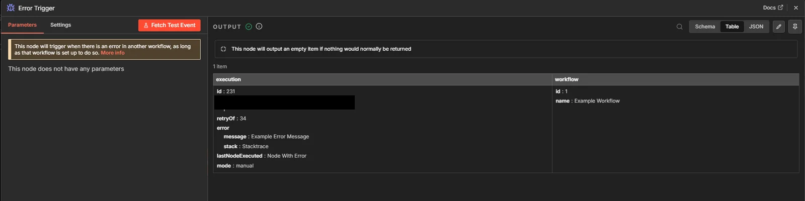 n8n Error Trigger node configuration for a workflow error alert