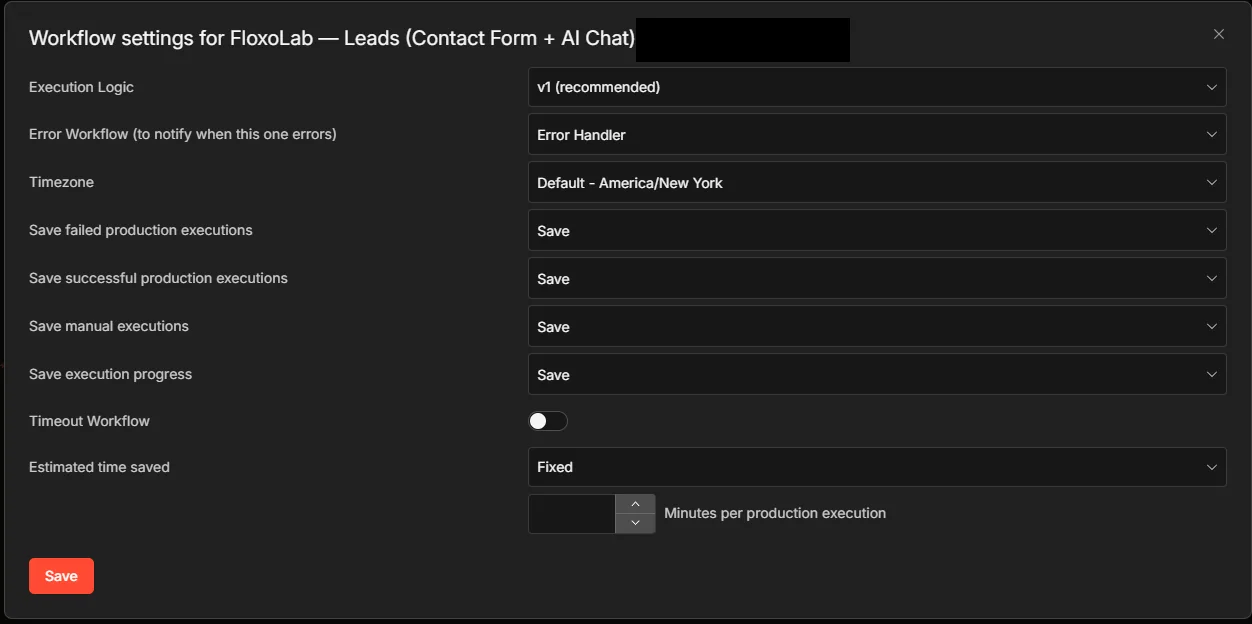 n8n workflow settings showing a shared Error Workflow selected for failure alerts