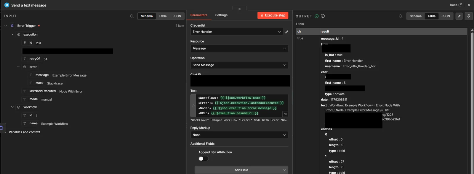 n8n Telegram node configured to send a workflow failure message