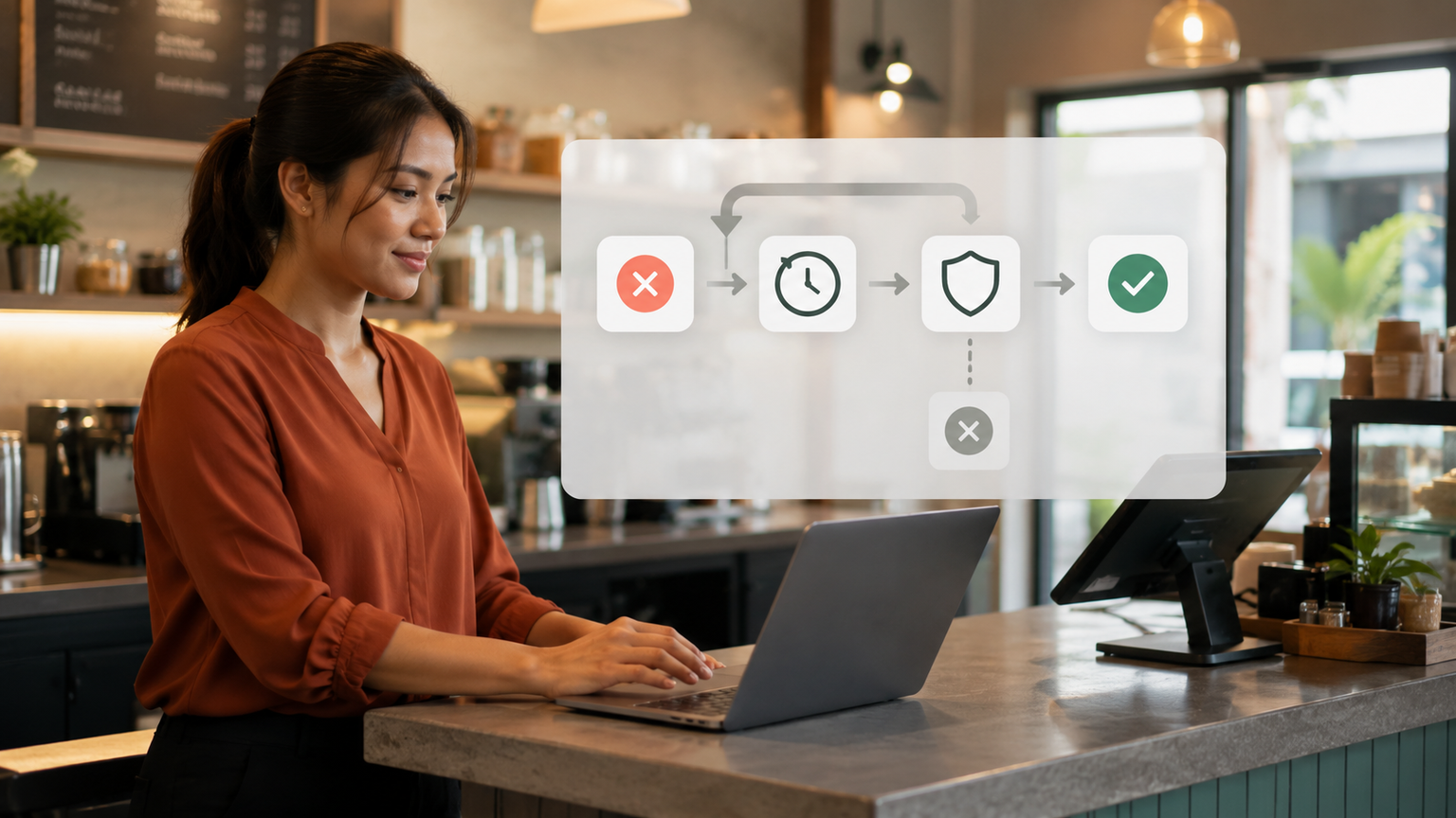 Small business operator reviewing a failed request, delayed retry, duplicate guard, and successful API result