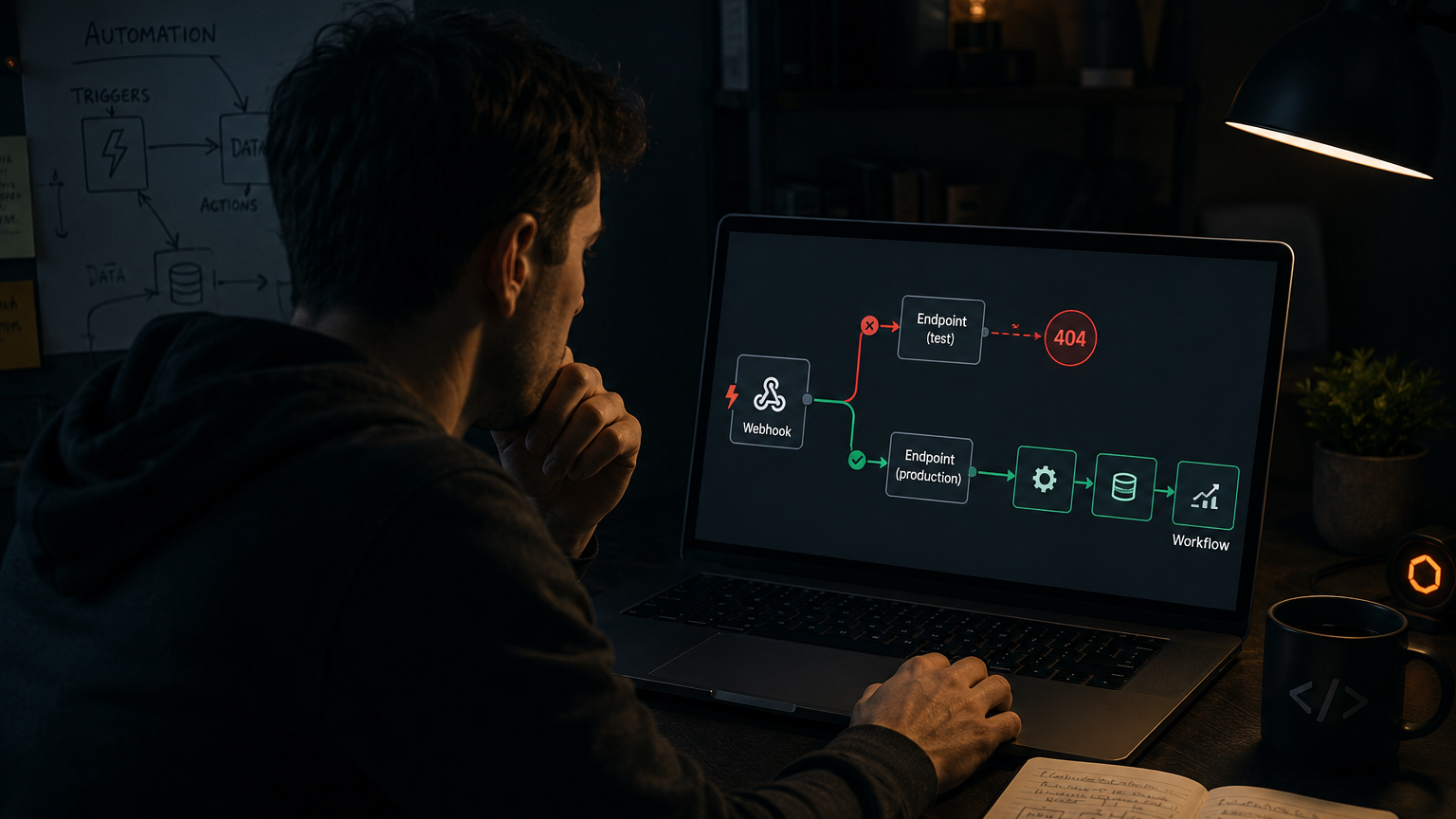Operator troubleshooting an n8n webhook with a test endpoint returning 404 and a production endpoint reaching the workflow