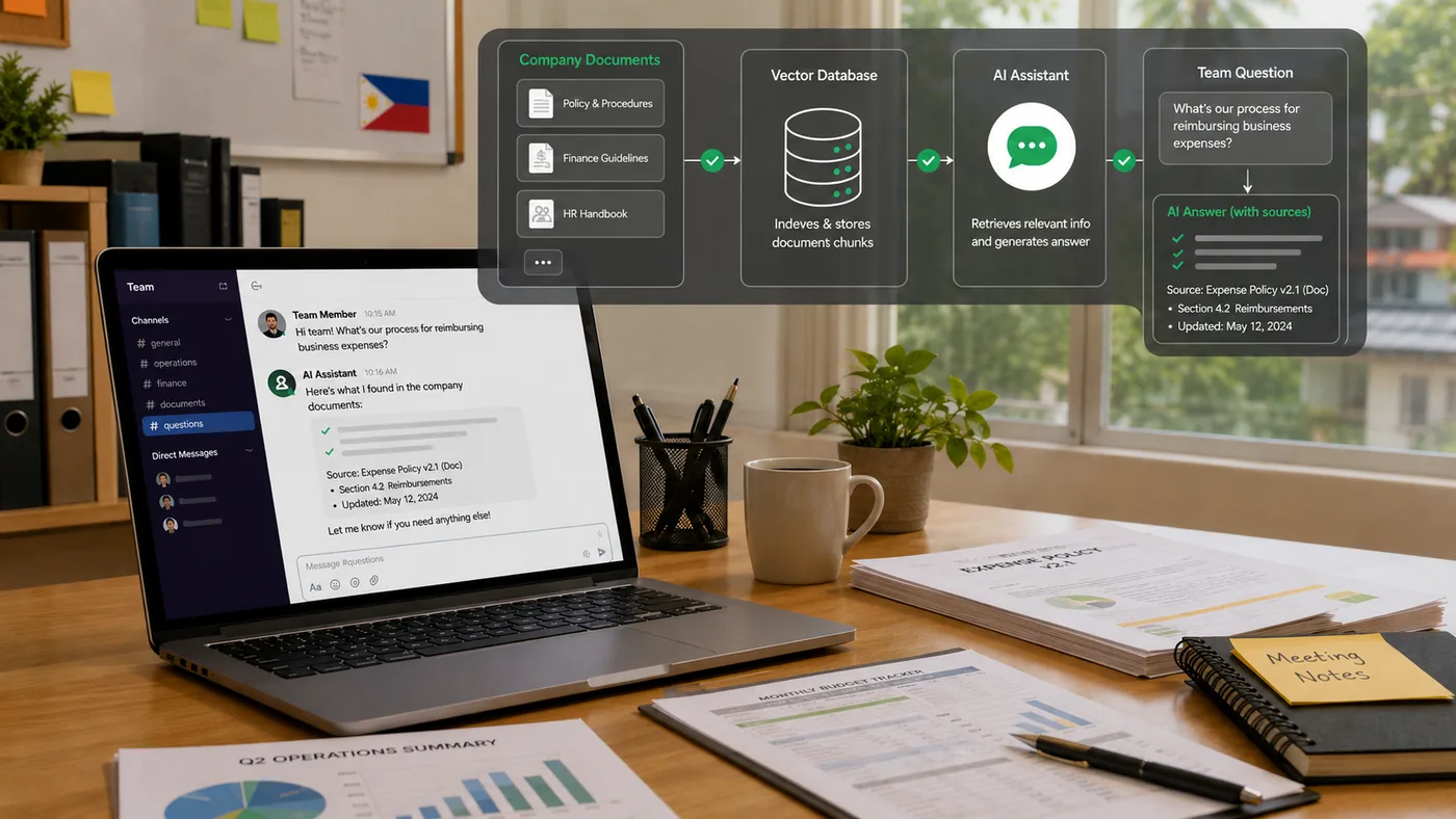 Small office desk with company documents, laptop, and a subtle AI knowledge workflow overlay