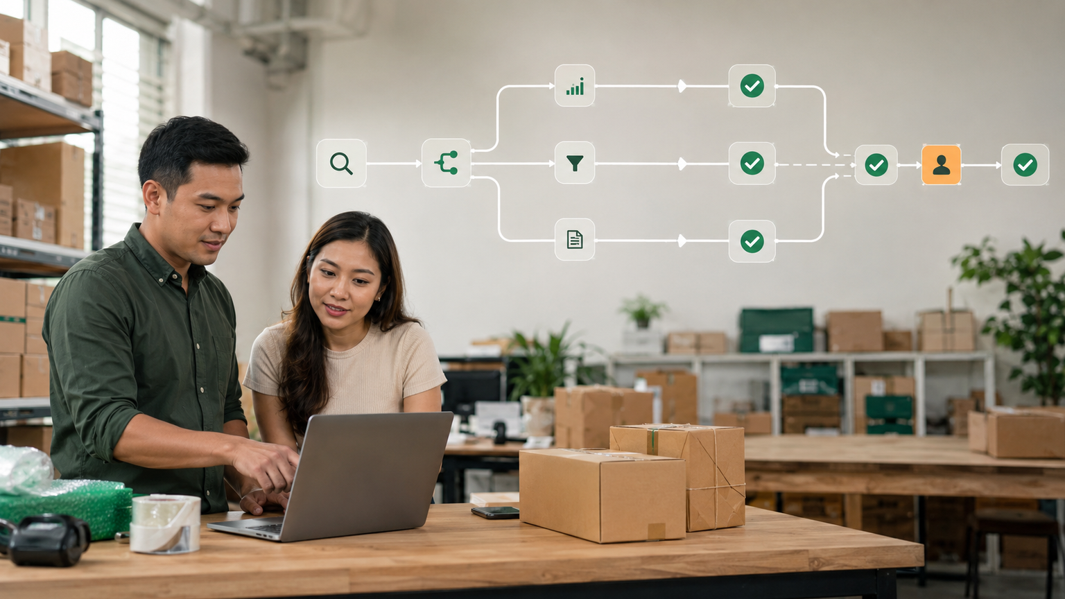 Two ecommerce operators reviewing an SEO automation workflow with safe tasks and a human approval gate