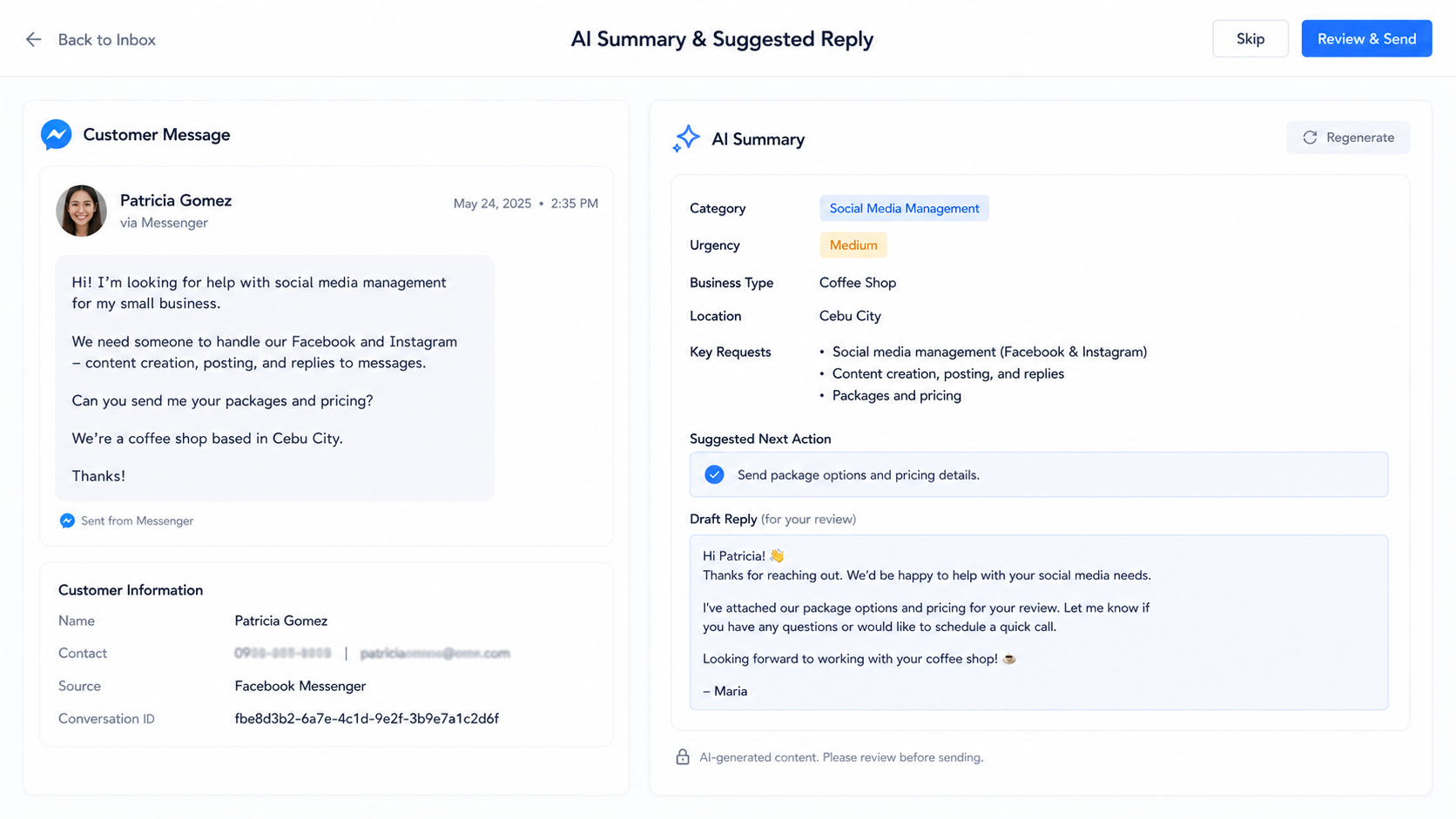 AI summary step that classifies a customer inquiry and suggests a next action
