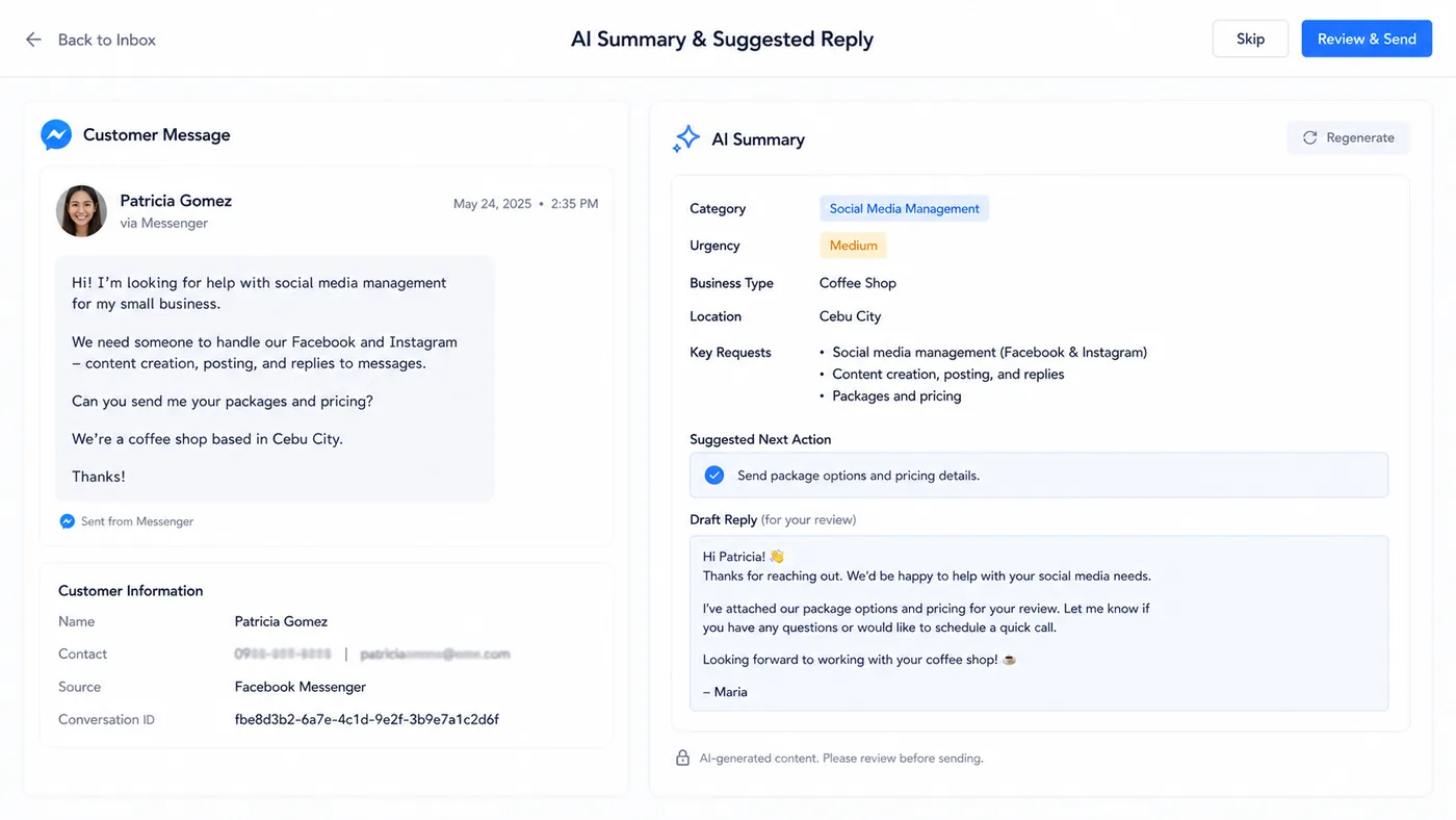 AI summary step that classifies a customer inquiry and suggests a next action