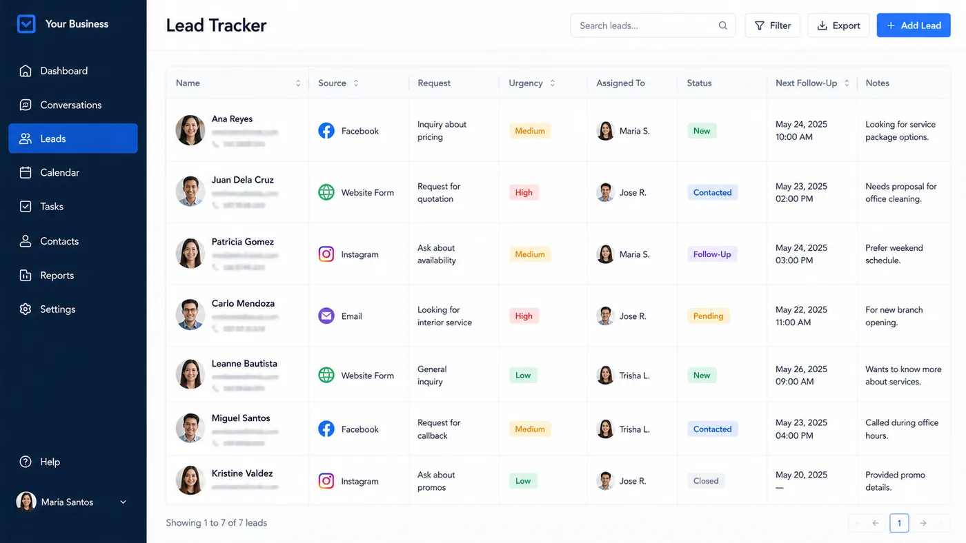 Small business lead tracker table with source, request, urgency, status, and follow-up fields