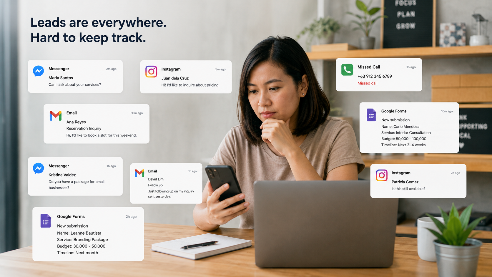 Small business leads scattered across Messenger, Instagram, email, and forms