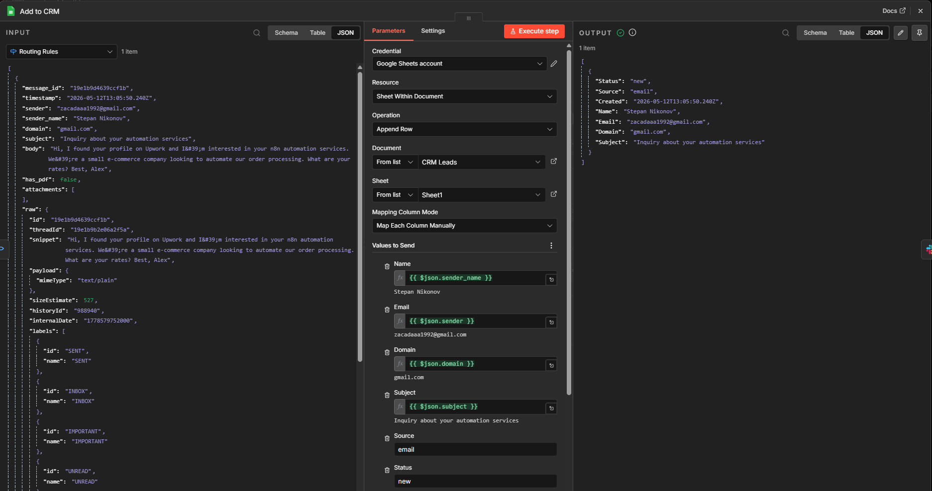 Add to CRM Google Sheets node
