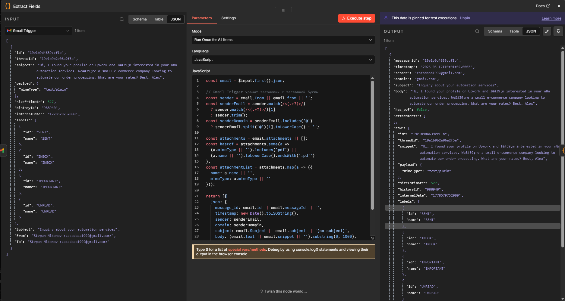 Extract Fields n8n code node
