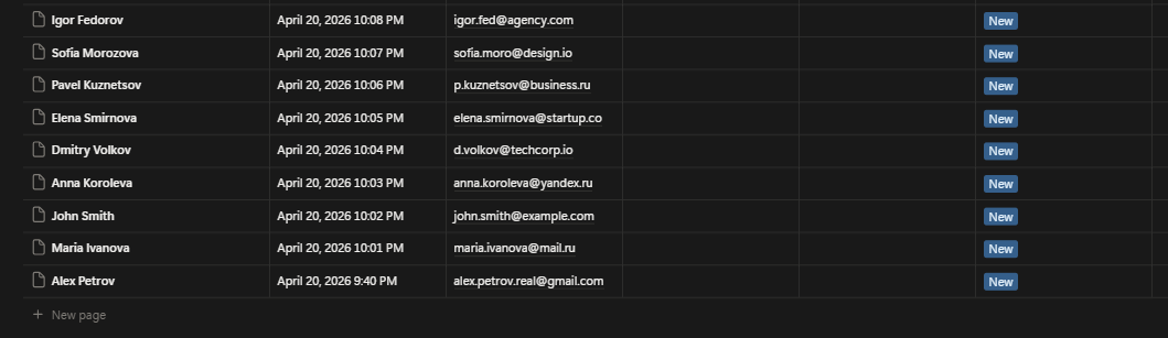 Notion lead database record created from the intake workflow