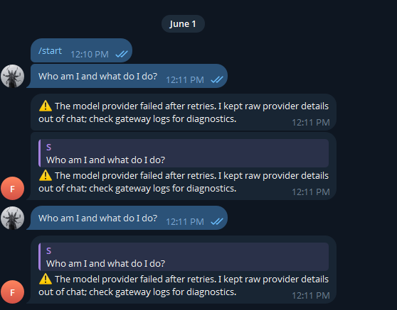 Hermes Agent Telegram error: model provider failed after retries, check gateway logs for diagnostics