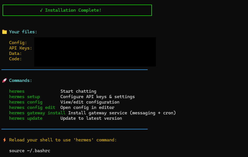 Hermes Agent installation complete screen showing available commands: hermes, hermes setup, hermes config, hermes gateway install