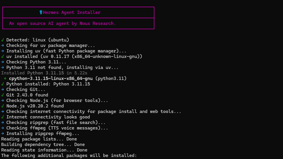 Hermes Agent installer terminal output on Ubuntu: auto-detecting Python, Git, Node.js, ripgrep, and ffmpeg dependencies