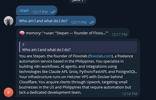Hermes Agent recalling saved business context after a fresh Telegram session with a different model — remembering name, business, stack, and client profile