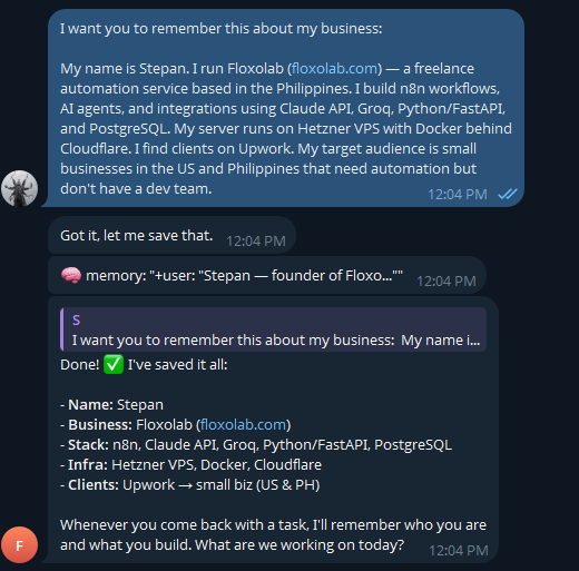 Hermes Agent saving business context to persistent memory in Telegram: name, business, stack, infrastructure, and client profile