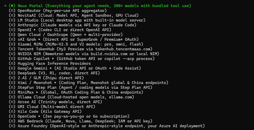Hermes Agent provider selection menu showing 20-plus LLM providers including Anthropic, OpenAI, Google Gemini, DeepSeek, and OpenRouter