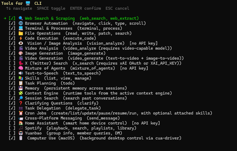 Hermes Agent tools selection showing web search, browser automation, file operations, code execution, memory, cron jobs, and more