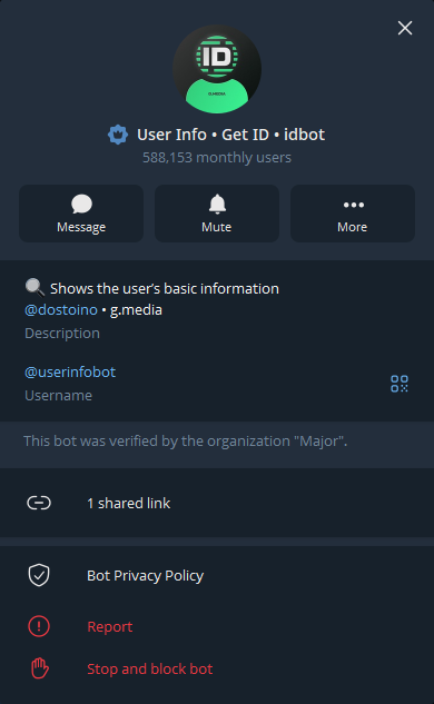 Telegram userinfobot profile showing how to get your Telegram user ID for Hermes Agent setup