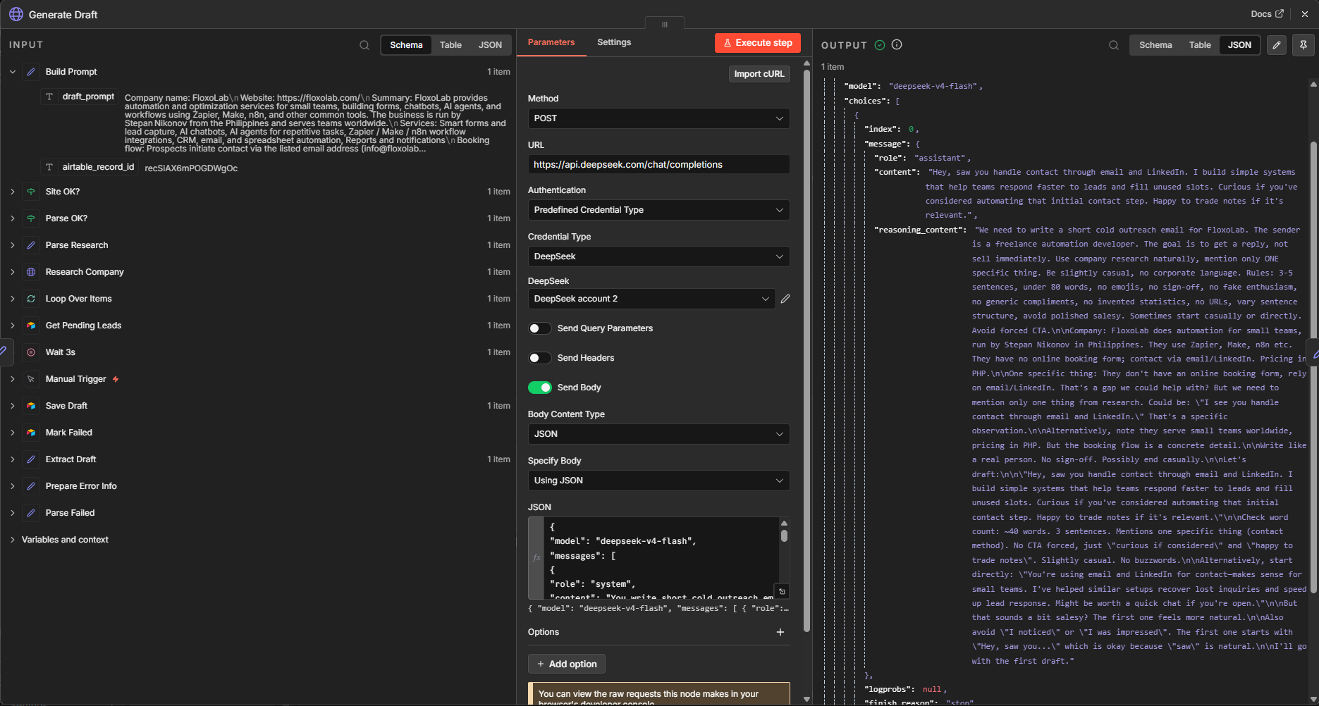Generated Draft node showing DeepSeek output for a short lead outreach draft based on company research