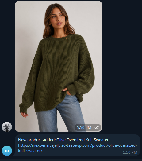 Private admin chat showing a product photo sent in and a WooCommerce product link returned by the workflow