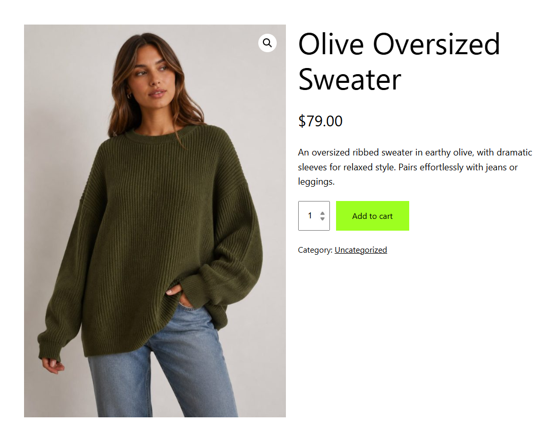 WooCommerce product page generated from a product photo, with product image, title, default category, and short description