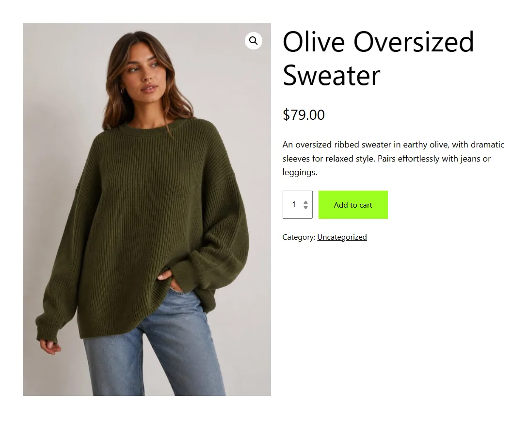 WooCommerce product page generated from a product photo, with product image, title, default category, and short description