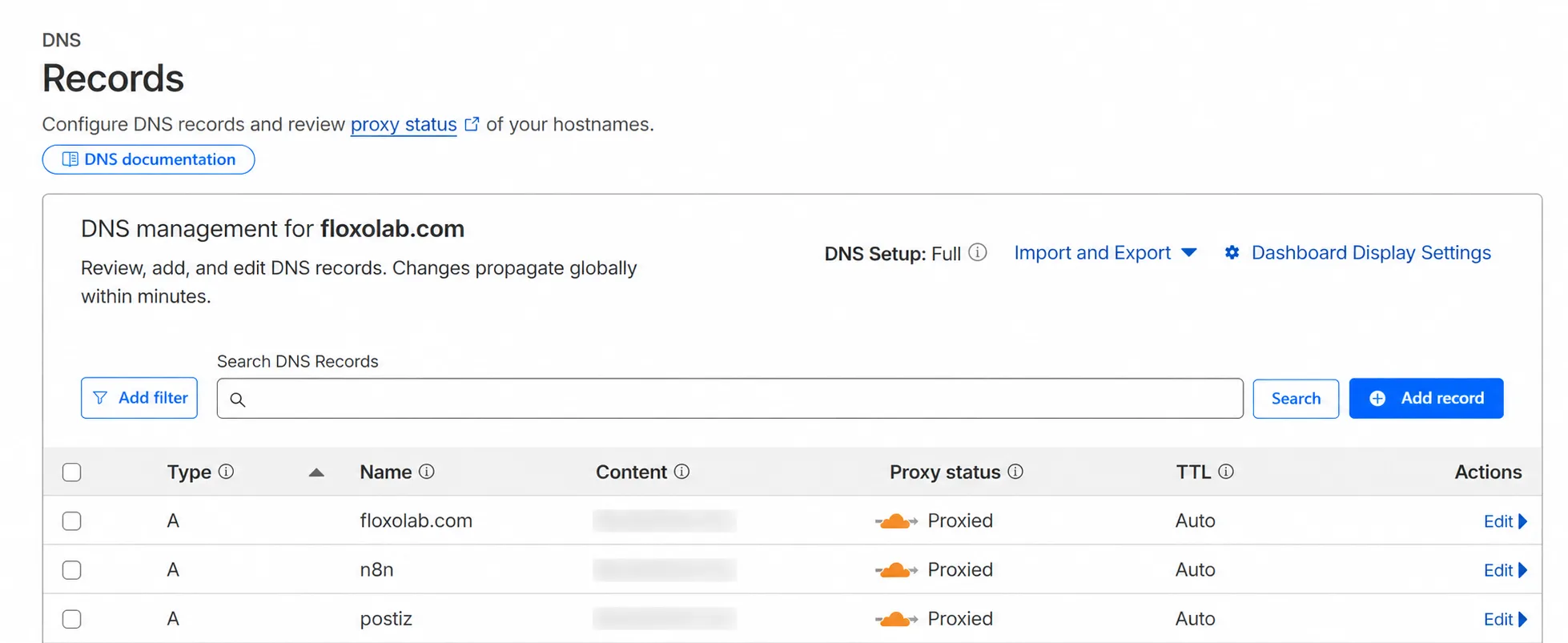 Cloudflare DNS records with proxied status enabled for FloxoLab domains and sensitive IP content hidden