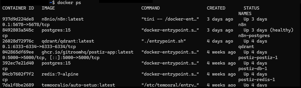 Docker ps output showing n8n and PostgreSQL containers running with healthy status and multi-day uptime