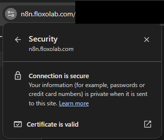 Browser security panel showing a secure HTTPS connection for the n8n domain with the admin path hidden