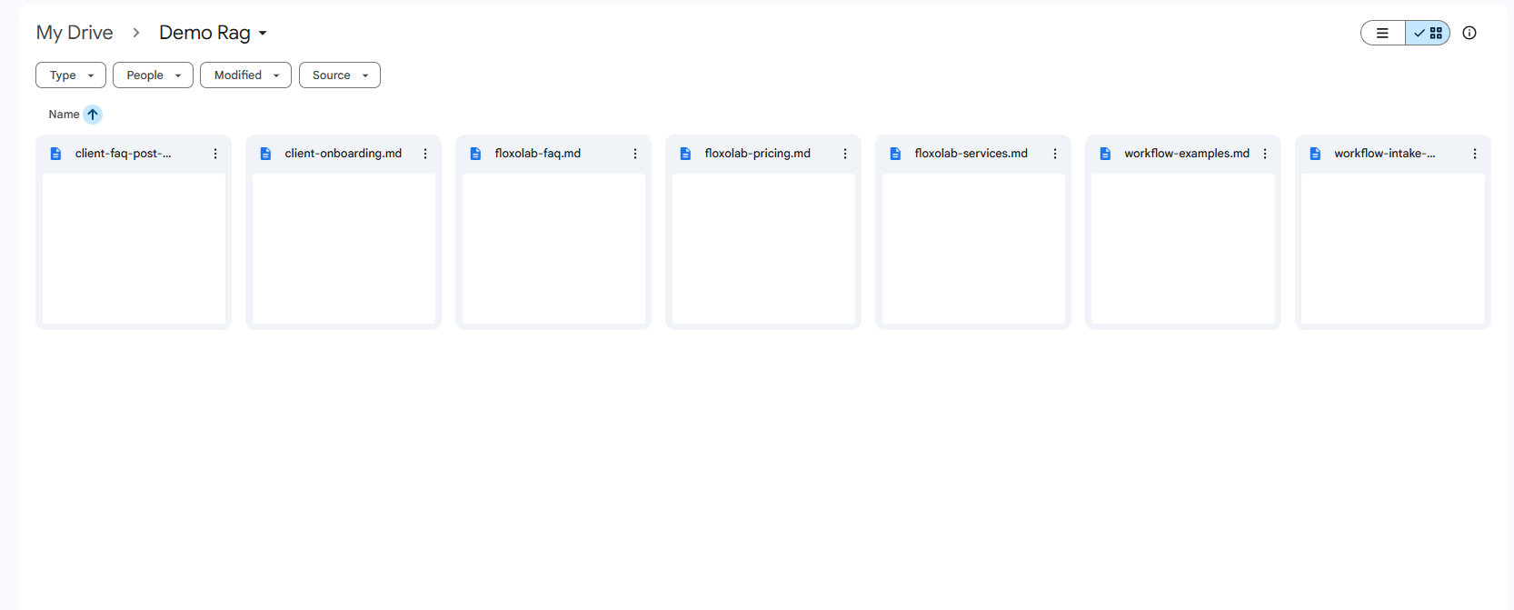 Google Drive demo folder containing selected Markdown knowledge files